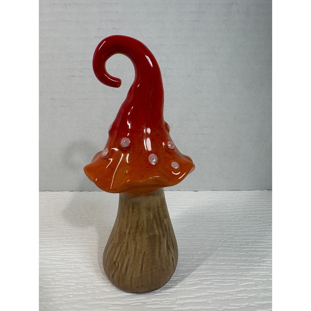 Ceramic Red Spotted Mushroom Figurine Curled Top Fairy Core Decor 6" S0170